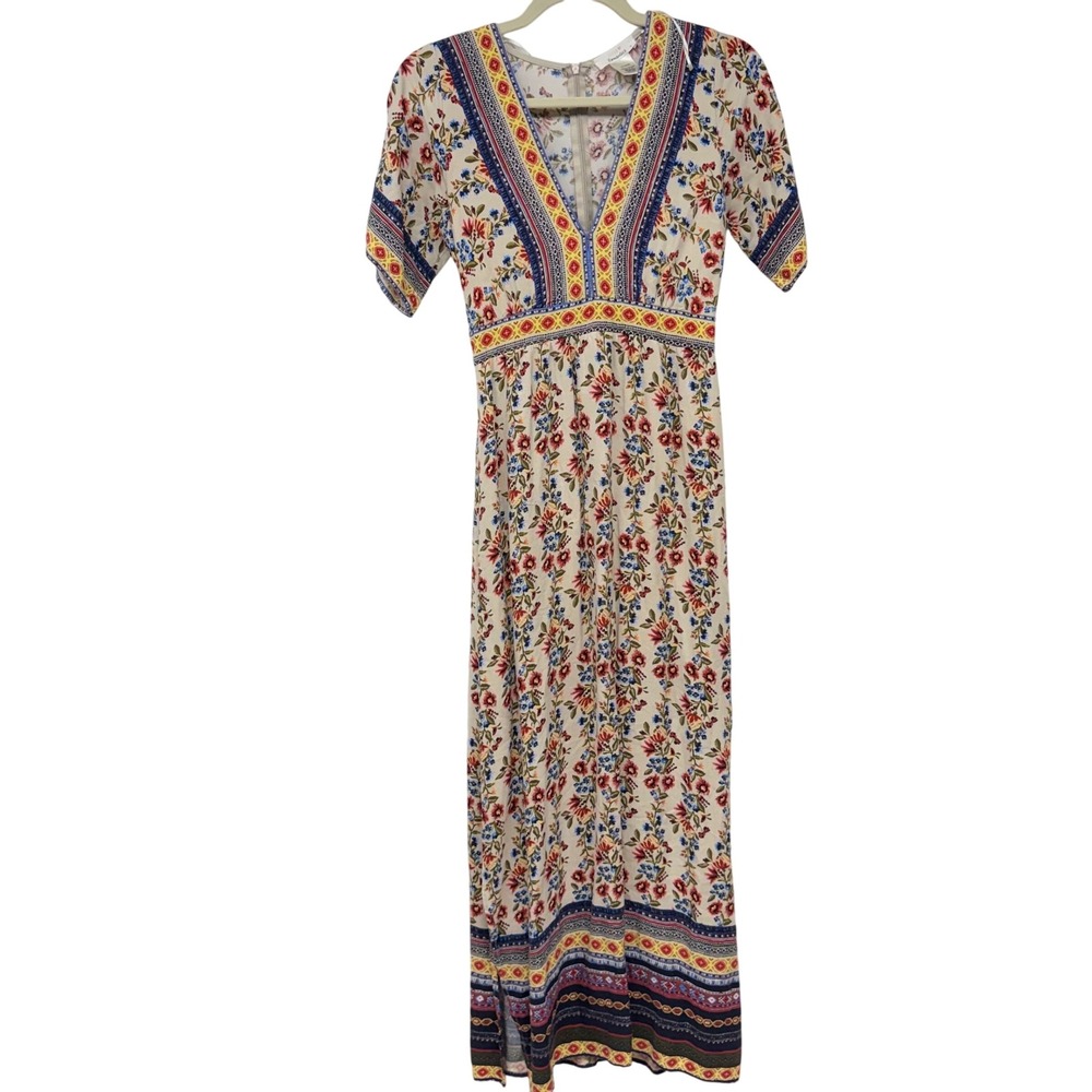 Urban Romantics Maxi Dress Floral Bohemian Boho Short Sleeve V Neck Rayon Small